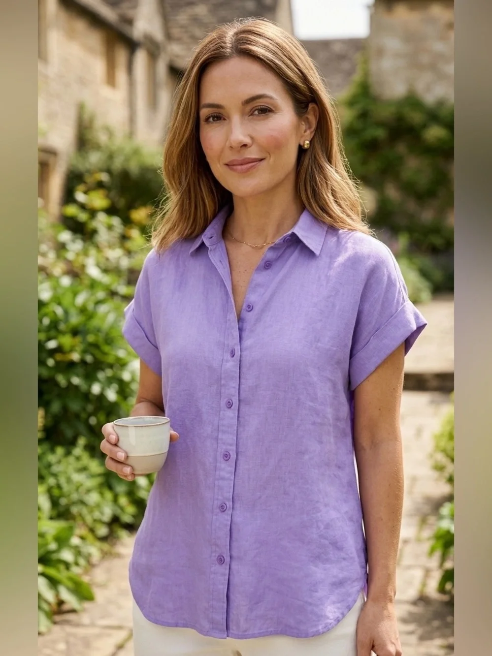 Lauren Ralph Lauren Purple Linen Short Sleeve Button Down Shirt Petite Medium - Picture 1 of 6
